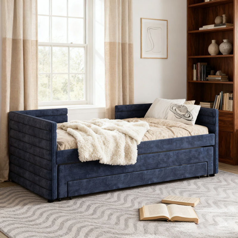 Upholstered Daybed with Trundle and 3 Storage Drawers, Chenille Fabric Sofa Bed for Guest Room, Dark Blue