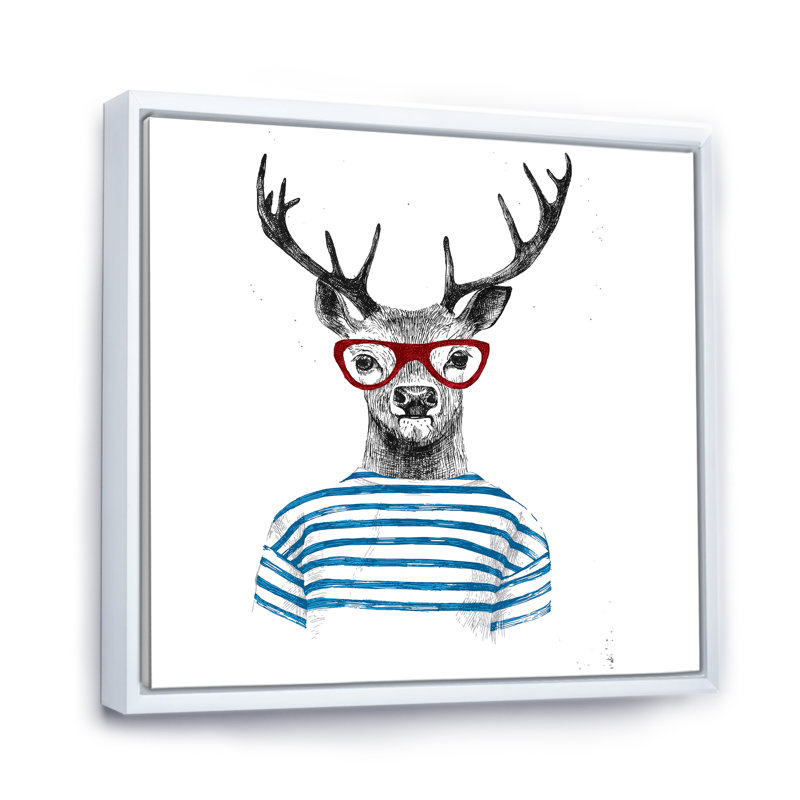 Portrait d'un cerf avec des lunettes rouges - peinture sur toile, H 16 po x l 16 po x P 1 po, Cadre flottant blanc