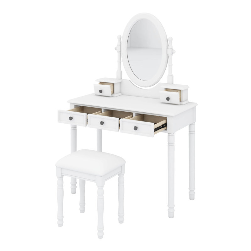 Ensemble de coiffeuse avec miroir à angle réglable, ensemble de coiffeuse et tabouret rembourré avec 5 tiroirs, Blanc