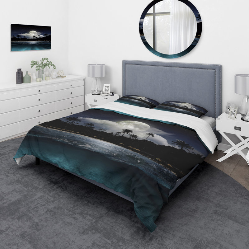 Bateau de pêche sous la pleine lune - Ensemble de housse de couette moderne - Microfibre de polyester