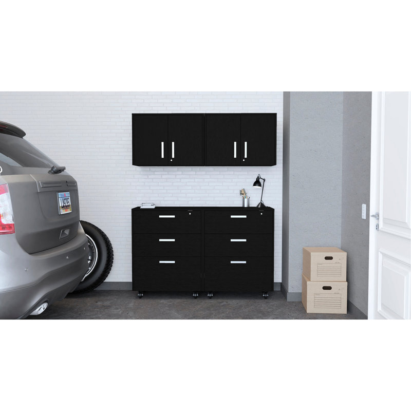 Grand garage noir, 2 pièces avec 3 tiroirs et option de fixation murale