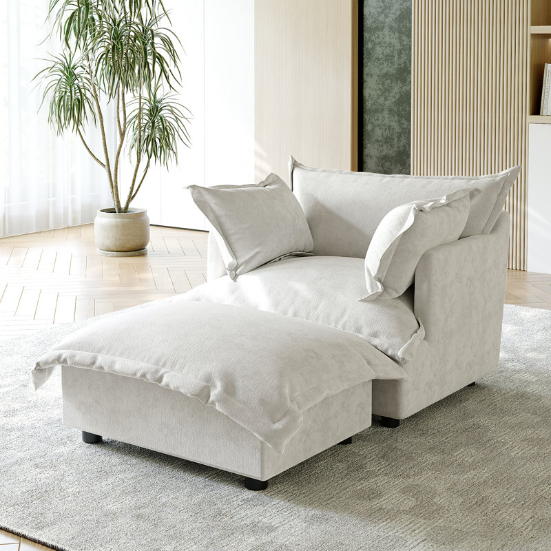 Upholstered Armchair with Footstool, Beige