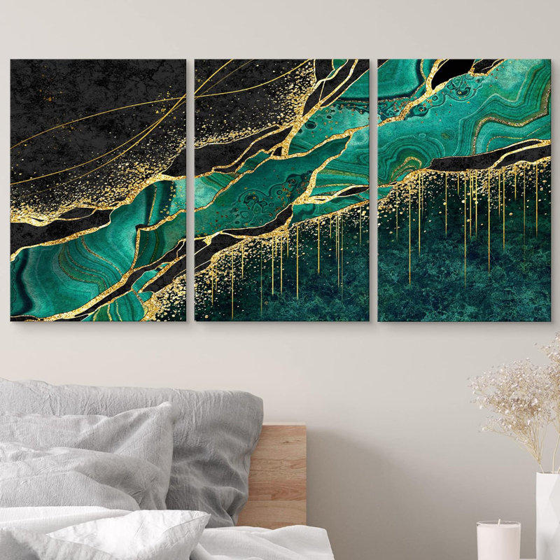 Or bleu sarcelle granit foncé, paysage, formes abstraites, illustrations, art moderne, décoration, Toile tendue