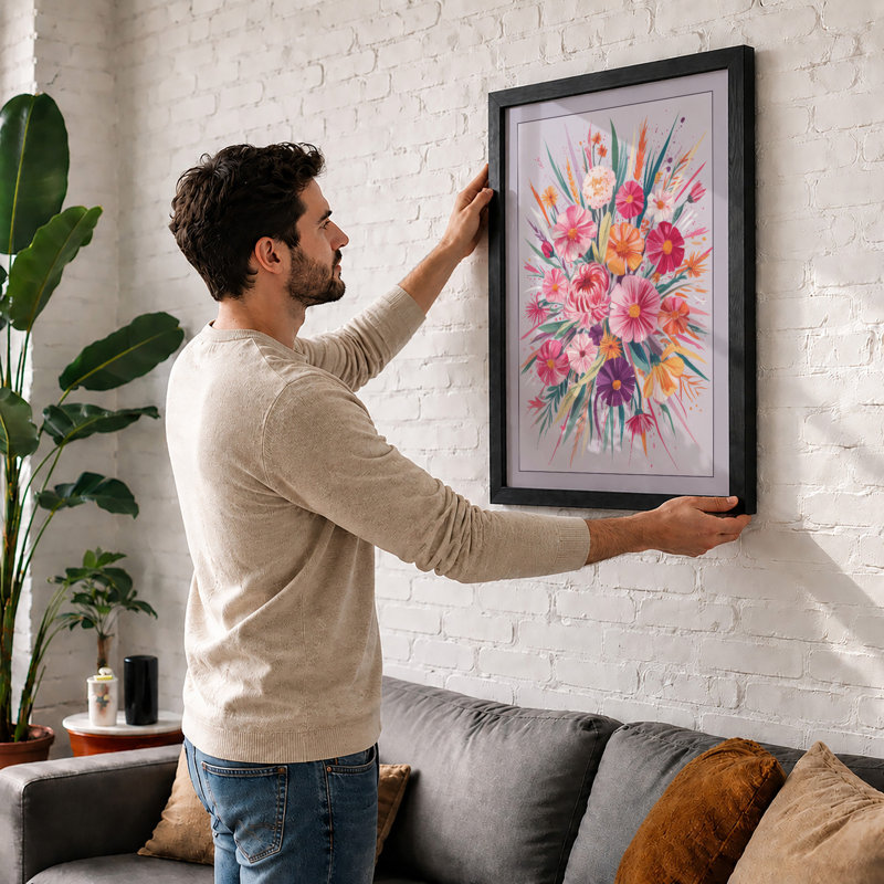 Vibrant Floral Burst Botanical - Framed Print, A4 - 29.7 x 21.0 cm, Walnut