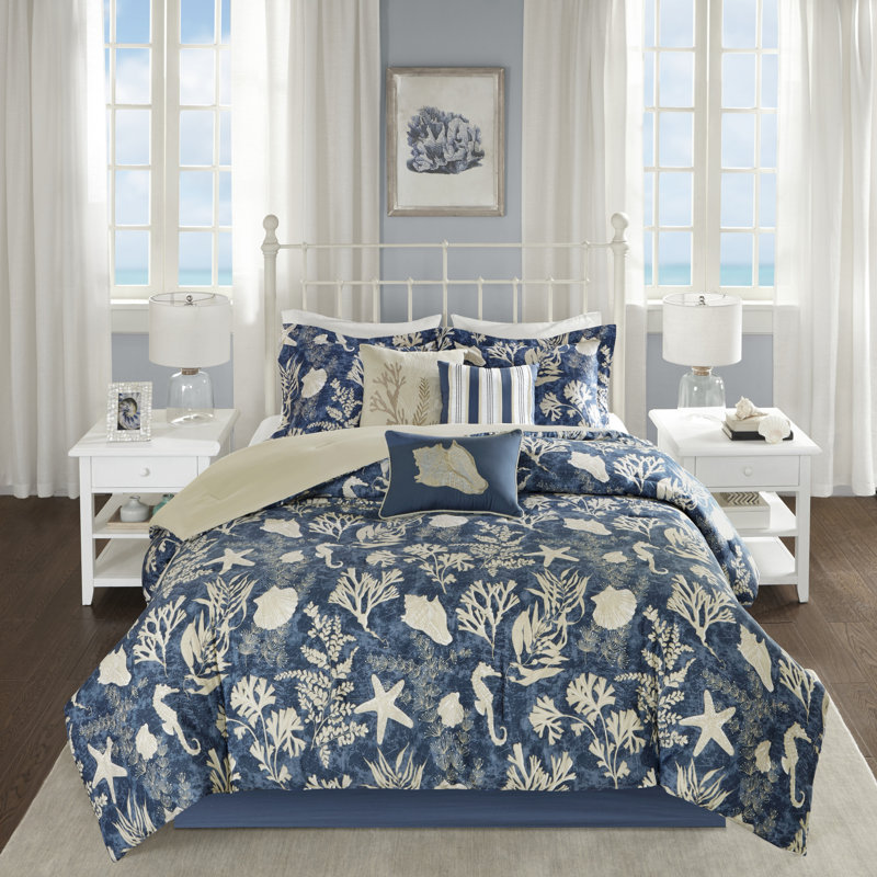Ensemble d'édredon en satin de coton bleu marine Cape Cod 7 pièces Cape Cod, Édredon très grand californien + 6 pièces