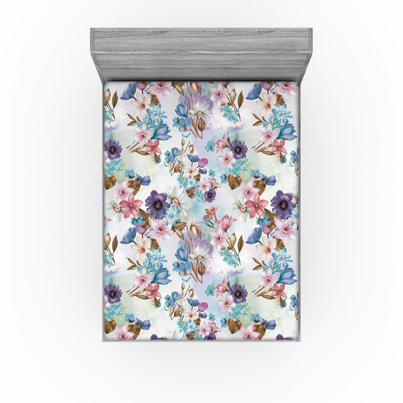Drap-housse Ambesonne, Quartz, rosé, bleu mer / floral, Drap-housse de taille double