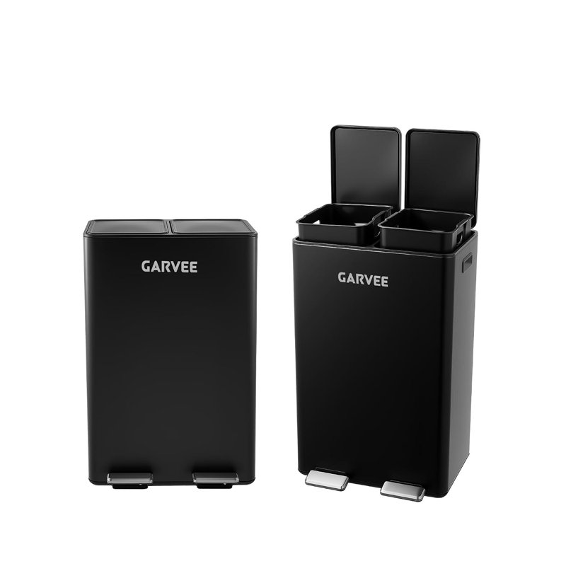 60L Dual Compartment Pedal Trash Can, Matte Black, Black