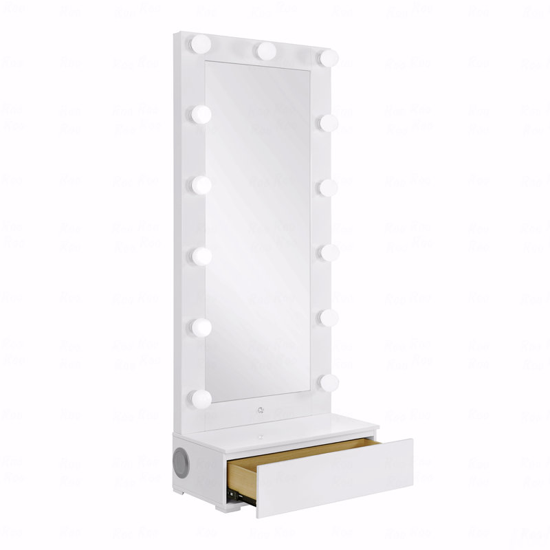 Grand miroir étroit Elisa avec haut-parleur et tiroir blanc