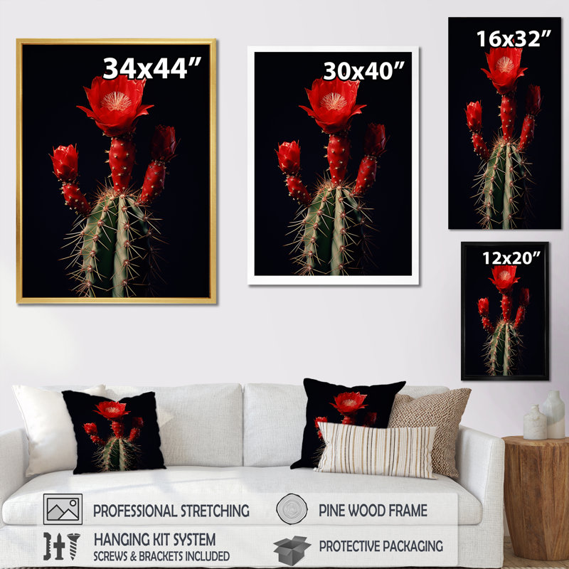 Cactus rouge et noir monolithe marron sur toile, H 32 po x l 16 po x P 1 po, Cadre simple blanc