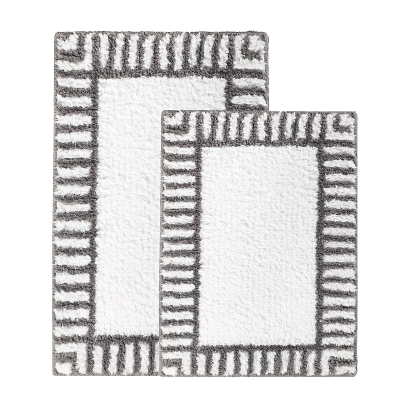 Ensemble de 2 tapis de salle de bain à poils longs Inaya, MOYEN - ensemble 2 pièces, Blanc / Gris