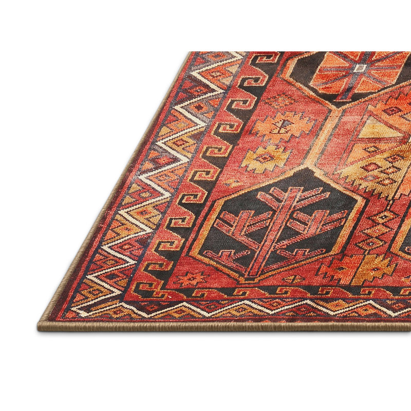 Tapis traditionnel rouge / noir / jaune clair, Rectangle 7 pi x 9 pi