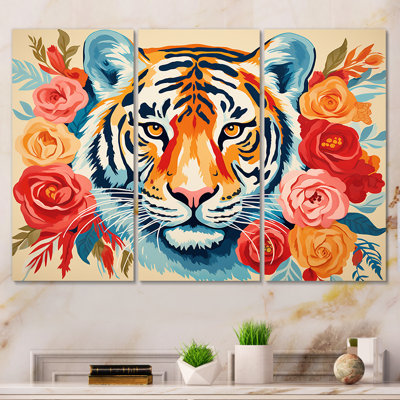 Pink And Orange Flower Tiger Portrait - Tiger Animal Wall Art