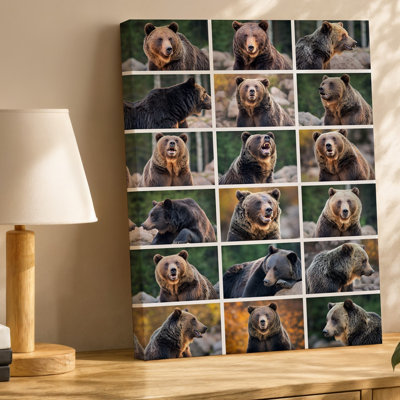 Toile, un collage vibrant met en valeur un assemblage diversifié d'ours, incluant des grizzlis et des ours noirs
