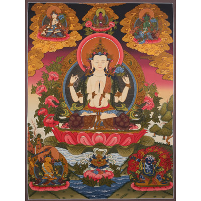 Tibetan Buddhist Deity Chenrezig (Four Armed Avalokiteshvara) |  Brocadeless Thangka