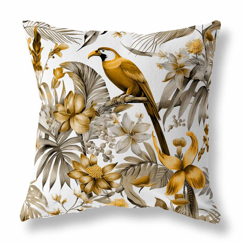 Coussin décoratif réversible d'intérieur / extérieur Leafy Lyricist, H 18 po x l 18 po, Floral, blanc et or