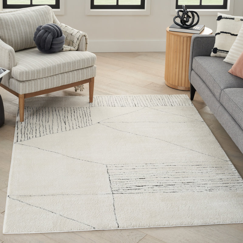 Rectangle Abstract Machine Woven Area Rug in White, Rectangle 5'3" x 7'