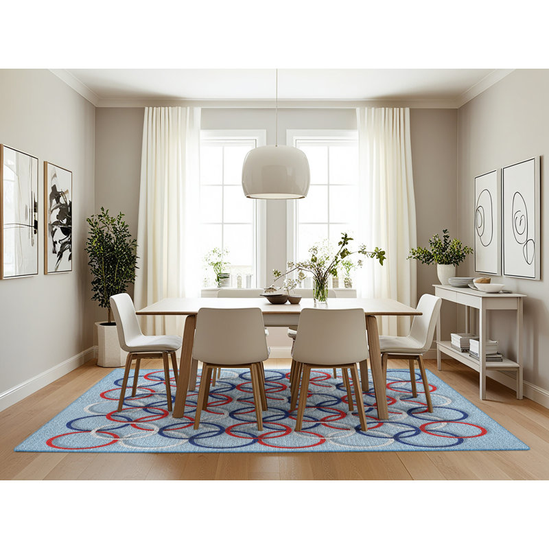 Tapis bleu à motif géométrique, Rectangle 7 pi x 10 pi