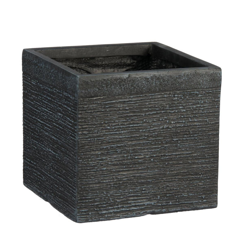 HORTICO Ribbed Light Concrete Square Planter, 46cm H x 50cm W x 50cm D, Black