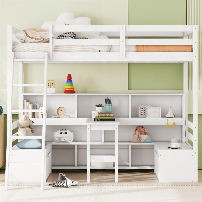Lit mezzanine pour enfant multifonctionnel en pin massif blanc cassé avec tiroirs de siège de bureau intégrés et tablettes de rangement