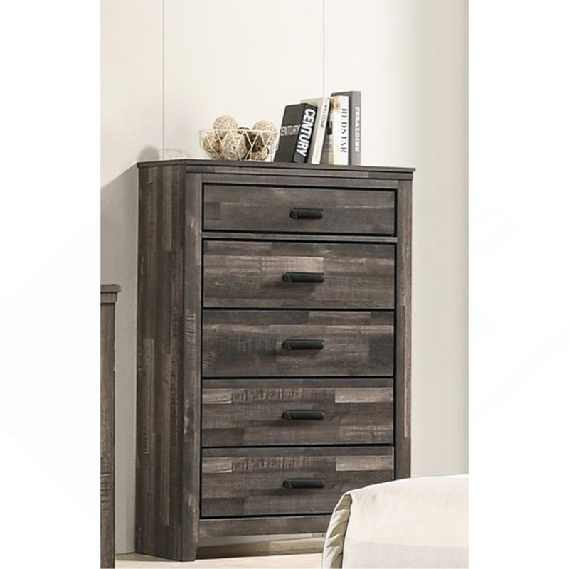 Mobilier de chambre à coucher 1 tiroir rustique contemporain à finition brune avec cinq tiroirs de rangement, Brun