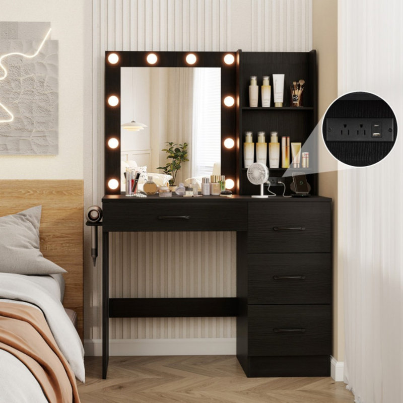Bureau de meuble-lavabo avec lumières tricolores et prises de courant, Noir, noir, noir, noir