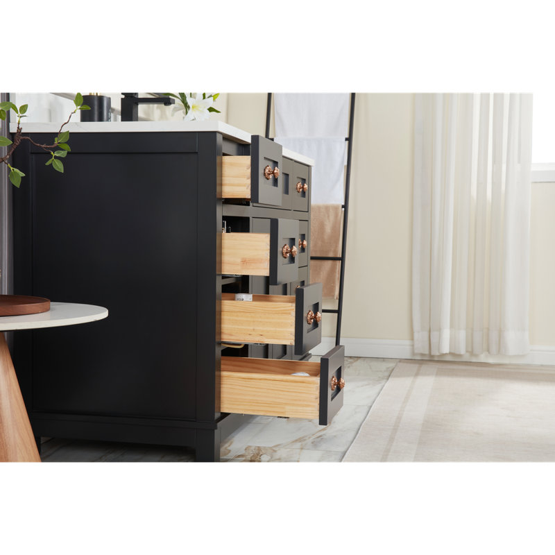 48" Solid Wood Sink Vanity With 1' Artificial Stone Top, Tricorn Black, Rose Gold
