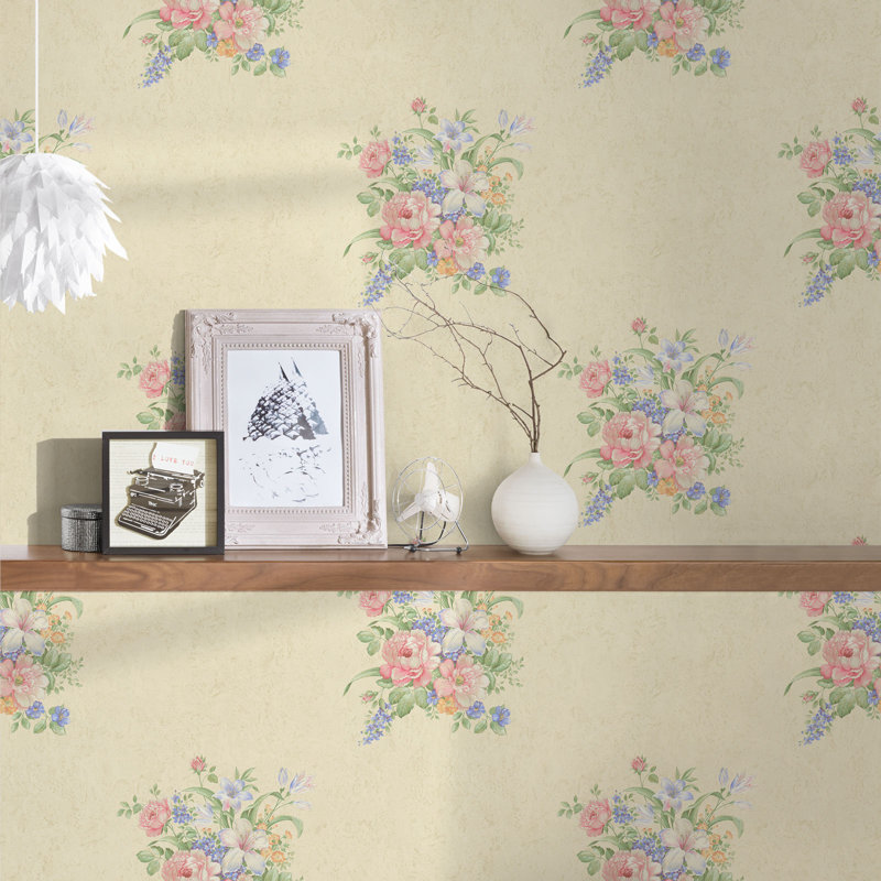 non-woven wallpaper | floral wallpaper | beige / cream, blue, brown 10.05 X 0.53 M, Cream/Green/Pink