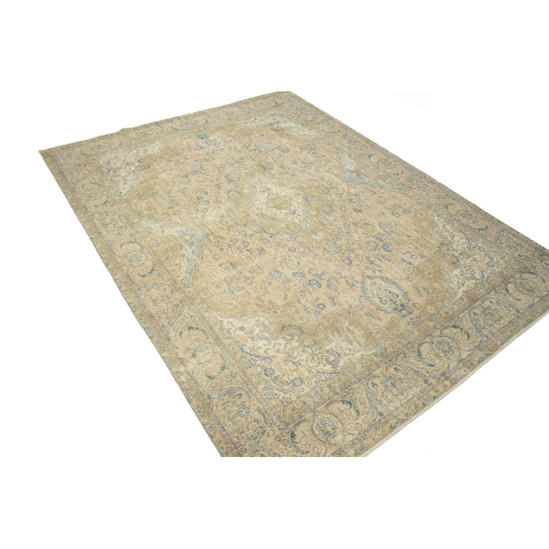 Tapis unique en laine noué à la main de style pêche des années 1950 de 12 pi 8 po x 9 pi 8 po Akens