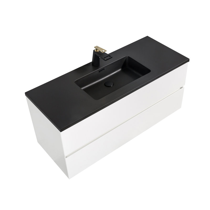 Kozeta 48 po L x 19 po P 2 tiroirs Meuble-lavabo avec évier simple et Comptoir en Quartz noir