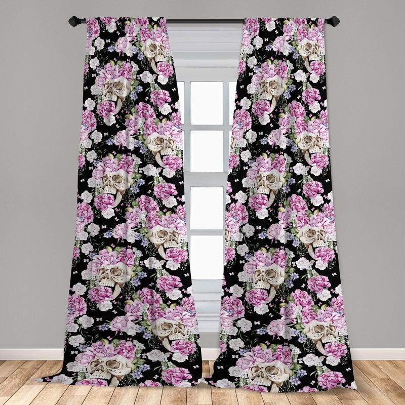 Floral Skull Black and Pink Microfiber Room Darkening Curtains