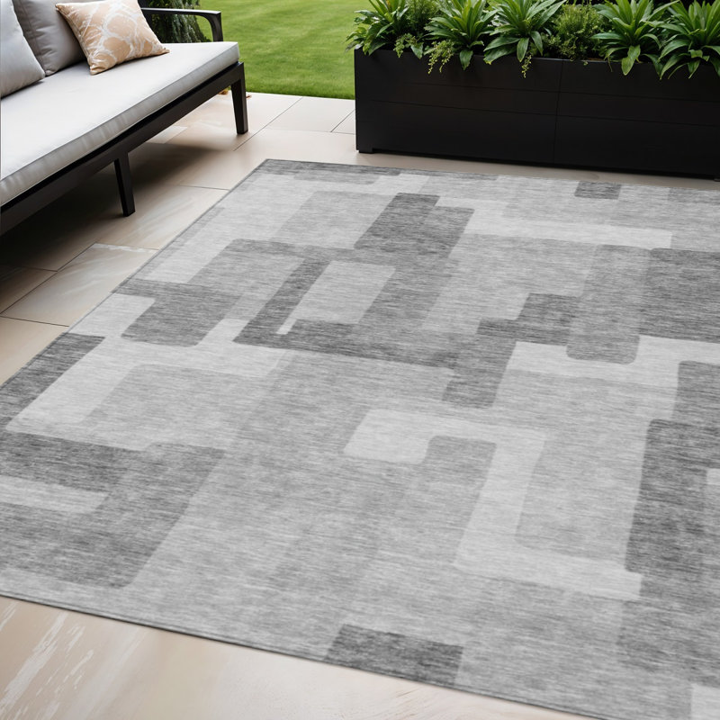 Tapis extérieur lavable abstrait argenté et gris anthracite 5 pi x 8 pi