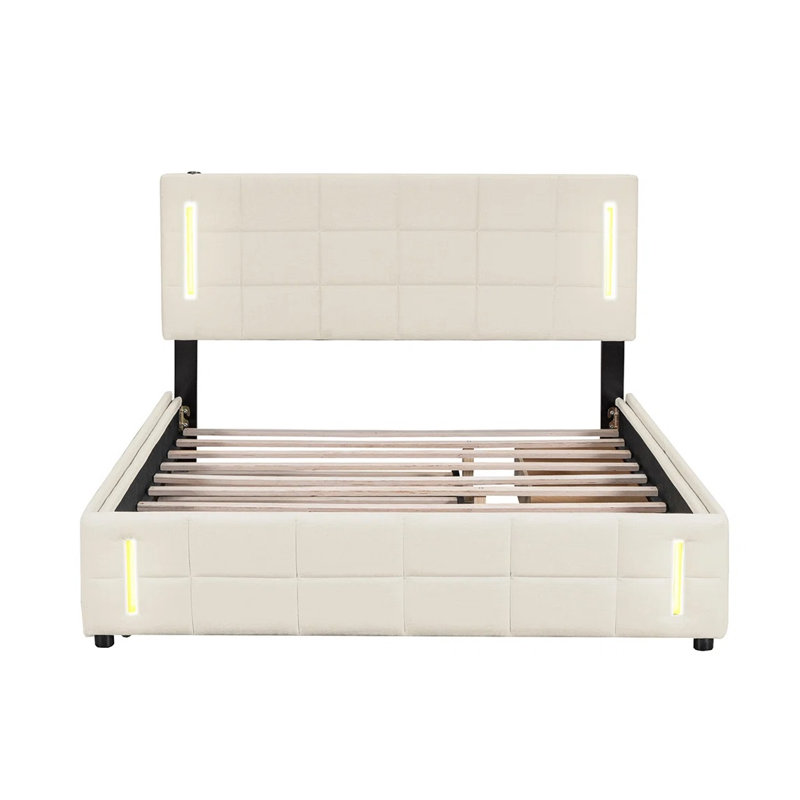 Lit plateforme tapissier avec rangement Keyra, Beige