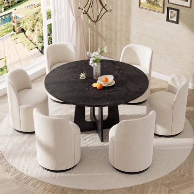 Ensemble de salle à manger moderne de 5 pièces avec des chaises pivotantes rondes en lin beige rembourrées et à roulettes