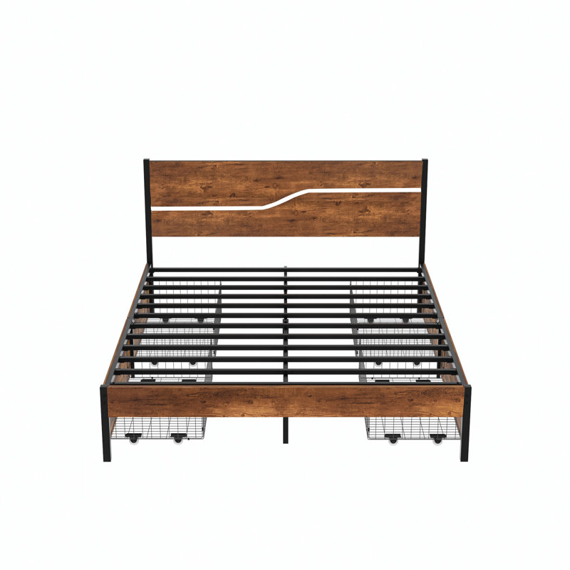 Starnisha Full Size Bed Frame with 4 Storage Drawers, Rustic Brown Wood and Metal Platform Bed with Underbed Drawers, Industrial Farmhouse Full Storage Bedframe, No Box Spring Needed