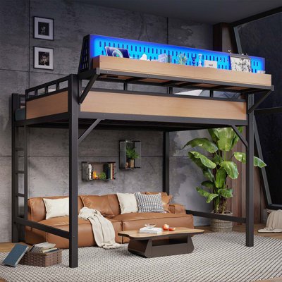 Grand lit mezzanine en métal avec rangement, ports USB et lumières DEL pour une utilisation sécuritaire et efficace de l'espace
