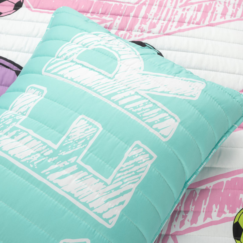 White and Turquoise Microfiber Reversible Soccer Quilt Set for Girls