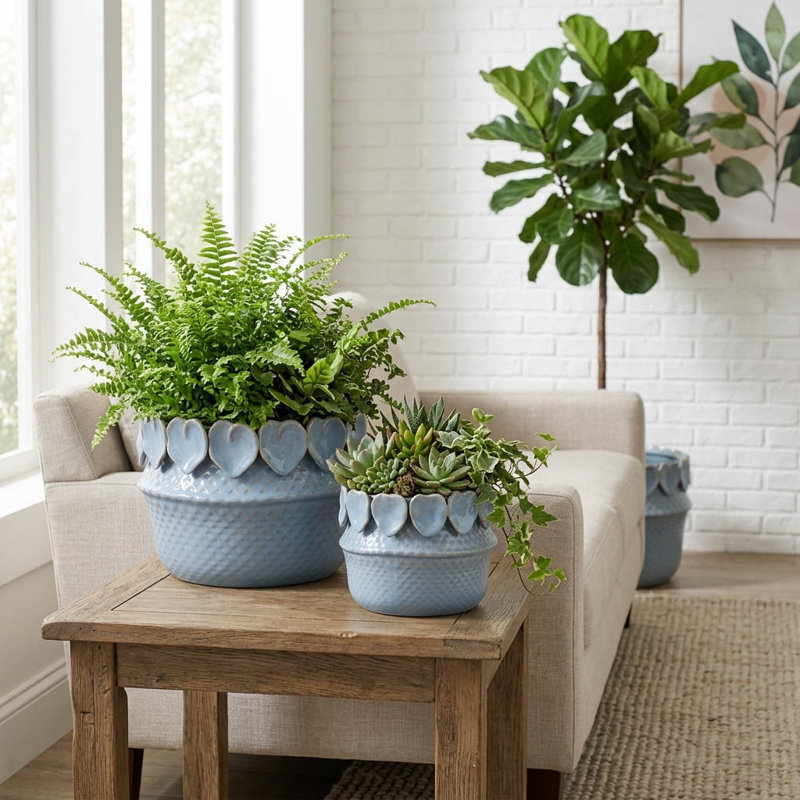 Leaf Applique Woven Ceramic Planter for Indoor or Outdoor Patio Styling - Decorative Flower Pots for Living Room and Home Decor