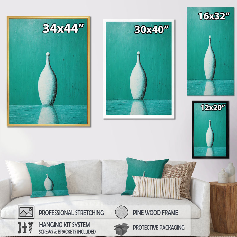 Tenpin turquoise sur toile, Cadre flottant doré, 32" H x 16" W