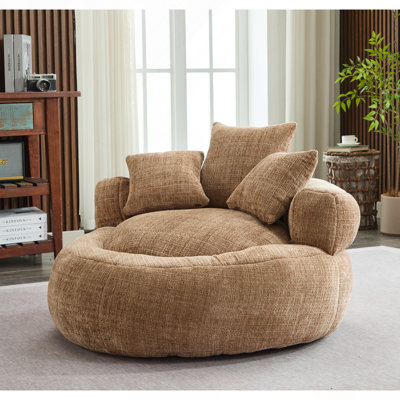 Fauteuil à billes en mousse pour adultes / adolescents avec rembourrage, fauteuil à billes avec housse en chenille ultra doux, fauteuil à billes rond, intérieur et extérieur (café)