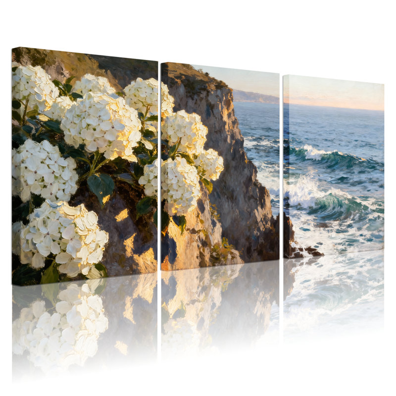 Hydrangées fleurs, roches, vagues océan, coucher de soleil, réflexion, beauté naturelle, ensemble de 3 impressions sur toile