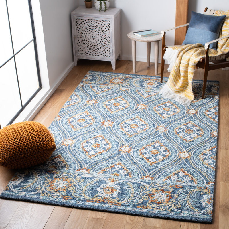 Tapis en laine / coton touffeté à la main Muhsin bleu marine / jaune, Rectangle 5 pi x 8 pi