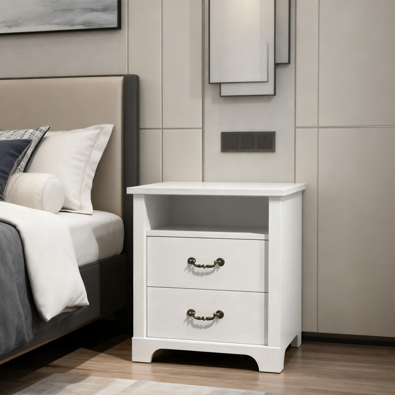 Table de chevet rustique l 22 po avec 2 tiroirs, tablette ouverte, poignée en métal, options multicolores, Blanc