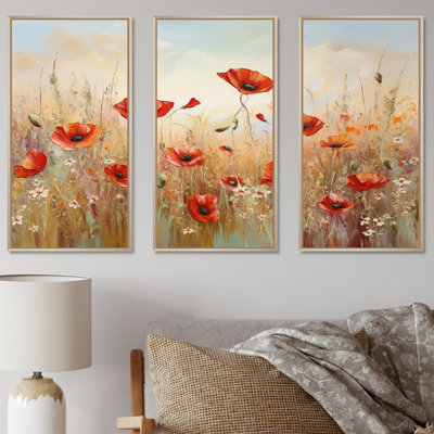 «Red and Golden Poppies Field I» - ensemble de reproductions d'art mural coquelicots