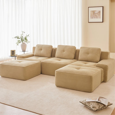 3 U-shaped Corduroy Modular Sectional , 117" Long, Deep Seat, Movable , Pearl-like Piping, No Assembly, Slip Base Camel 3, Curved , Non-slip Design