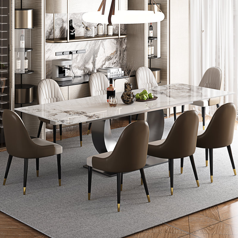 Ensemble de table de salle à manger extensible en fritté de 94,5 po avec 8 chaises en similicuir, ensemble de salle à manger de luxe moderne 9 pièces avec base en U en acier inoxydable