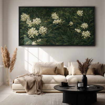 Art mural encadré sur toile - Arbustes botaniques classiques avec des fleurs blanches dans des tons de vert foncé - 16 po x 24 po, 24 po x 36 po