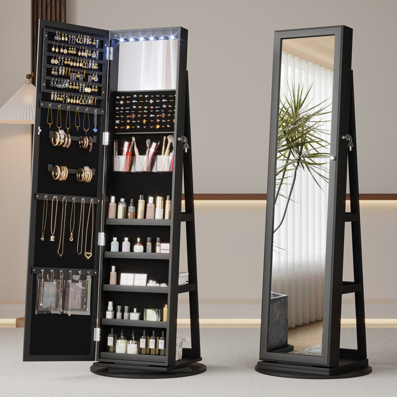 Chrisney Swivel Jewelry Armoire with Full Length Mirror, Interior Vanity Mirror and 3-Color Lights, Black