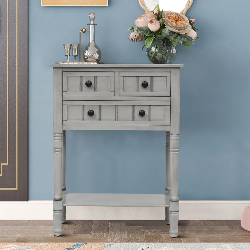 Console, canapé mince avec trois tiroirs de rangement et tablette inférieure, Gris délavé