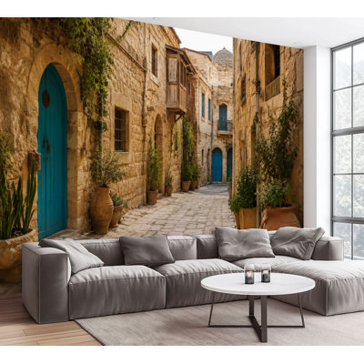 Wall Mural Peel and Stick Wallpaper Rustic Stone Alleyway Blue Wooden Doors Potted Plants Self-Adhesive Removable Contact Paper Wall Decor for Living Room Bedroom 100"H x 144"W