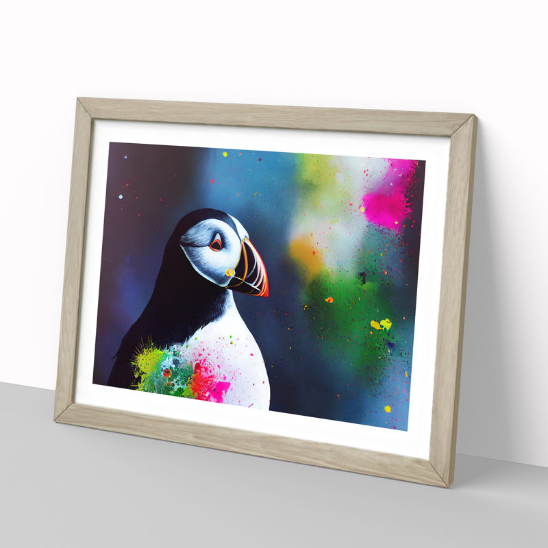 XH1022-2202X Colourful Puffin Bird - Single Picture Frame Painting, Oak Framed, 25cm H x 34cm W x 2cm D